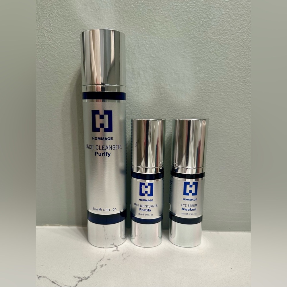 Hommage Essential Face Care Kit- Cleanser, Moisturizer, Eye Serum, NWOB